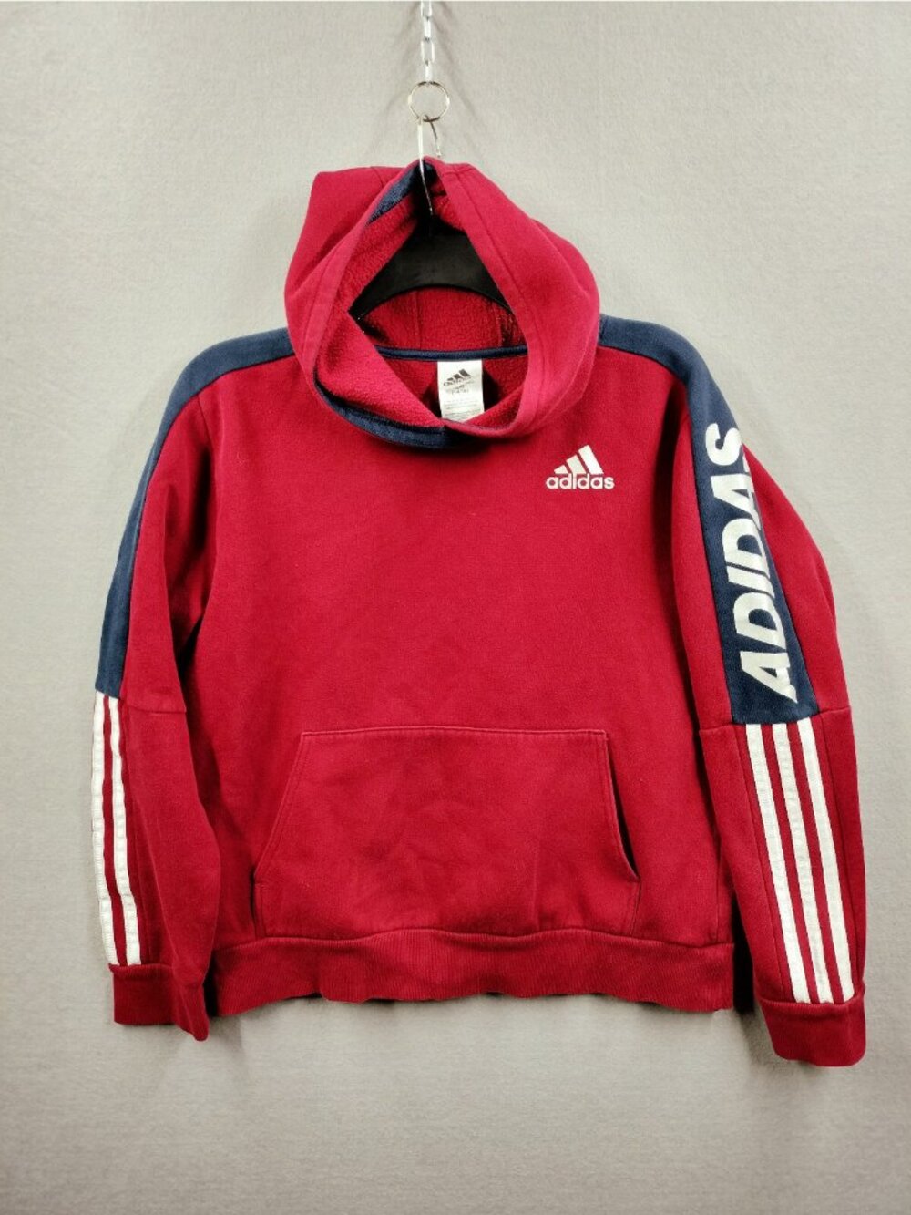 Adidas Boys Size 14 16 Fleece Hoodie Red Navy Blue Logo Tape Stripe Sweatshirt